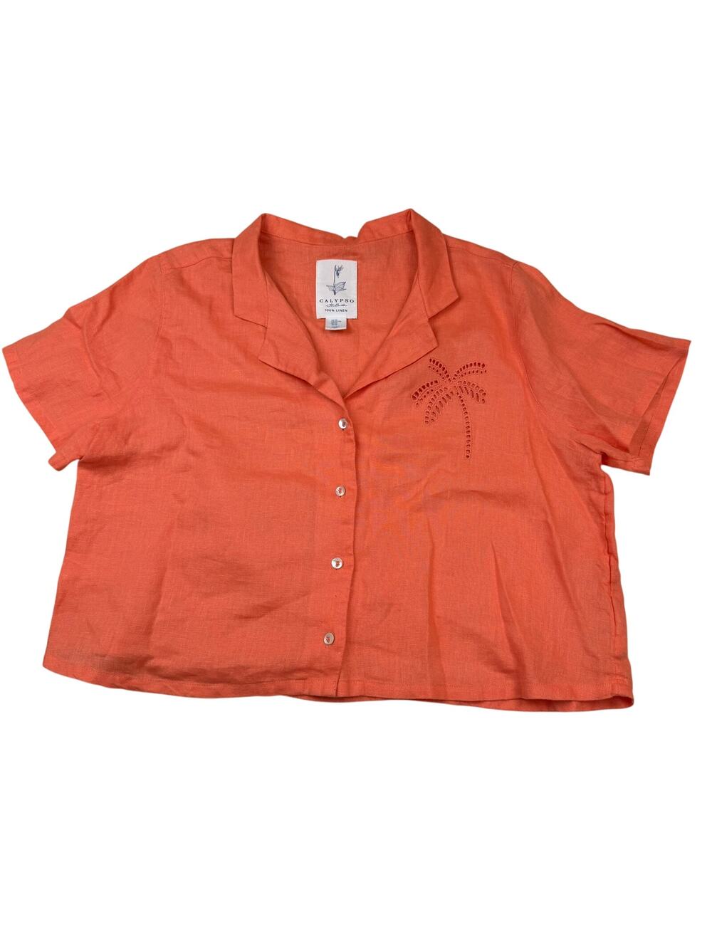 Calypso St. Barth Linen Crop Shirt Coral Orange XL